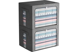 FHSQX 2 Pack Clear Window Storage Bins - Large Foldable Fabric Storage Bins Boxes for Clothes - Stackable Organizer Set with Carrying Handles,66L-19.7X 15.7X 12.6 Inches