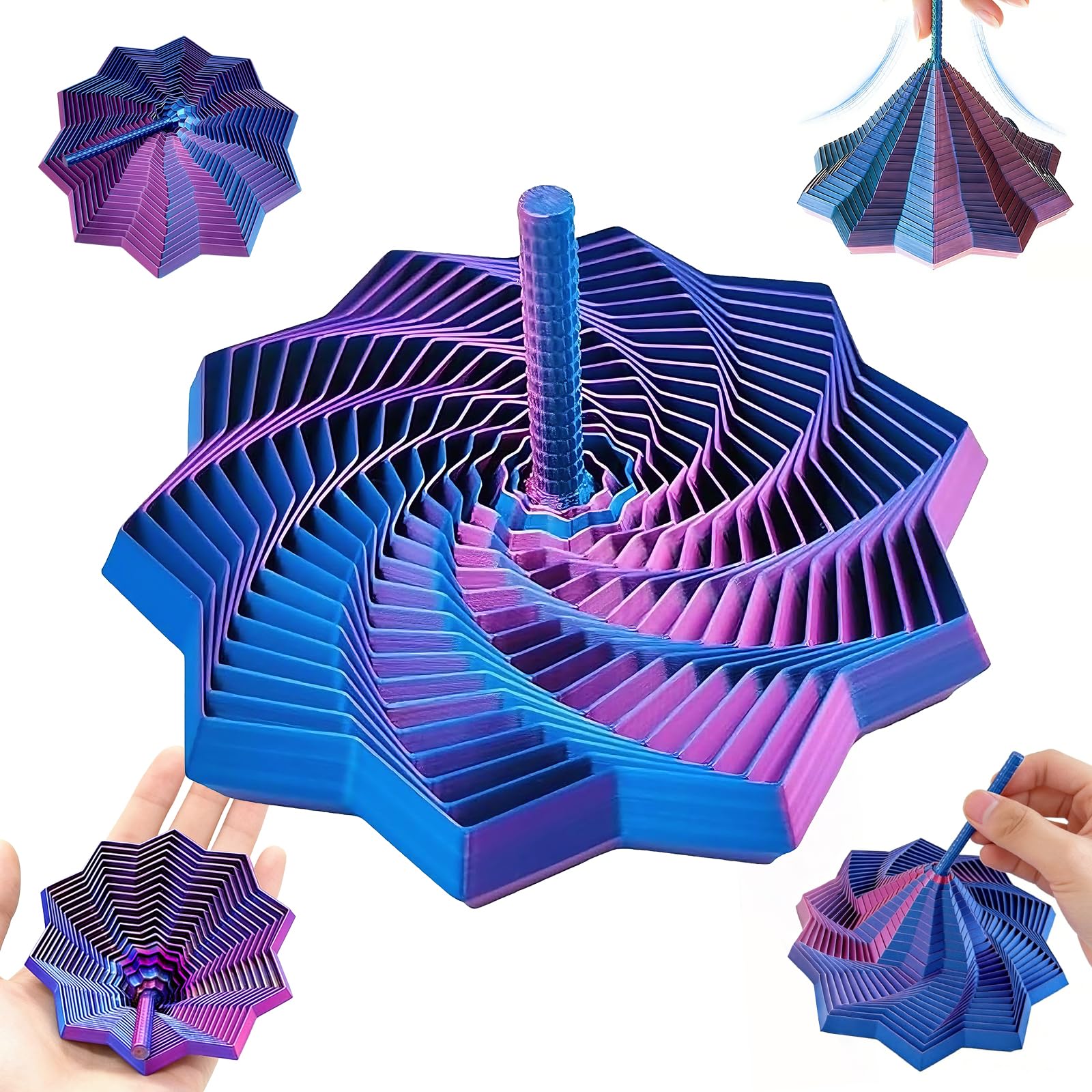 3d Printed Expanded Sensory Fidget Star - 9cm Spiral Honeycomb Hexagon Stress Relief Fidget Toy with Handle - Push Play Spinner, Vertical Silky Design Fidget Toy for Focus & Relaxation