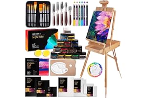 MODERA French Easel Acrylic Painting Set, Deluxe Artist Supplies Kit w/Coronado Style Wooden Field & Studio Sketch Box Easel, Stretched & Panel Canvases, Professional Paint, Premium Brushes, Knives, Palettes