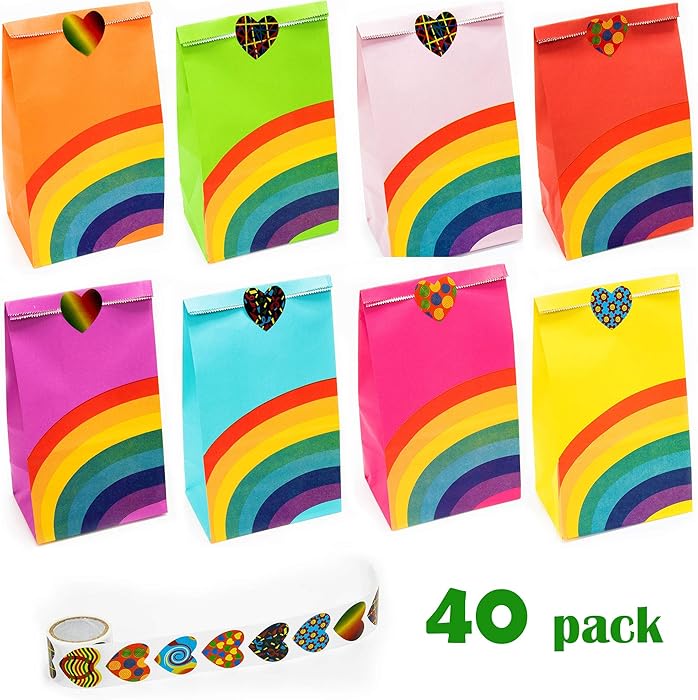 NIMU 40 Pieces Rainbow Party Bag with 100 Heart Stickers, All in One Package Ideal for Birthday Gifts and Party Favours Multi-use for Girls Boys Kids Party Supplies Prime