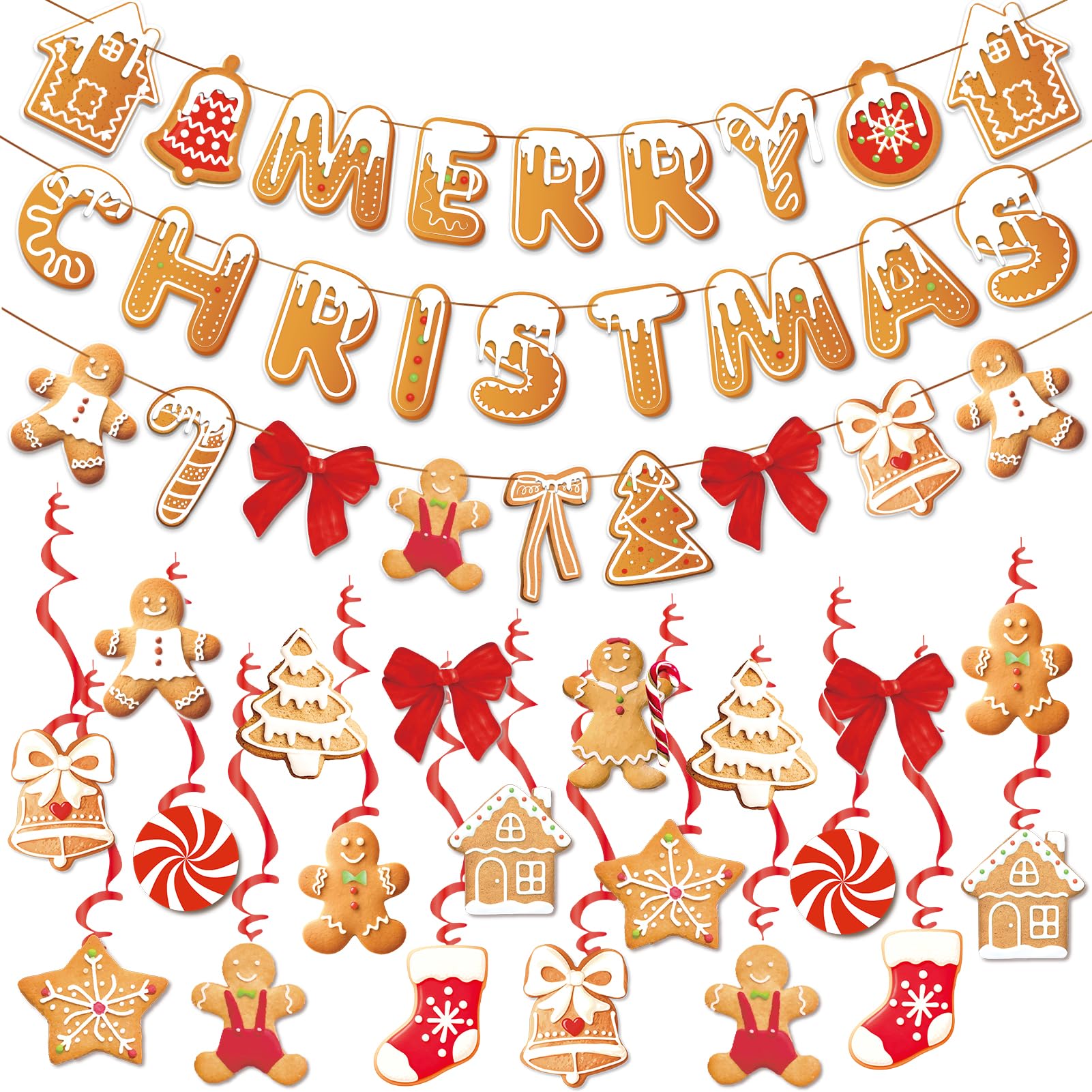 OBBOLO Merry Christmas Banners Gingerbread Theme, Pre-Strung Xmas Party Decorations, with 20 Pcs Gingerbread Men Hanging Swirls for Office Celebrations, School Events, Home Holiday Indoor Decor