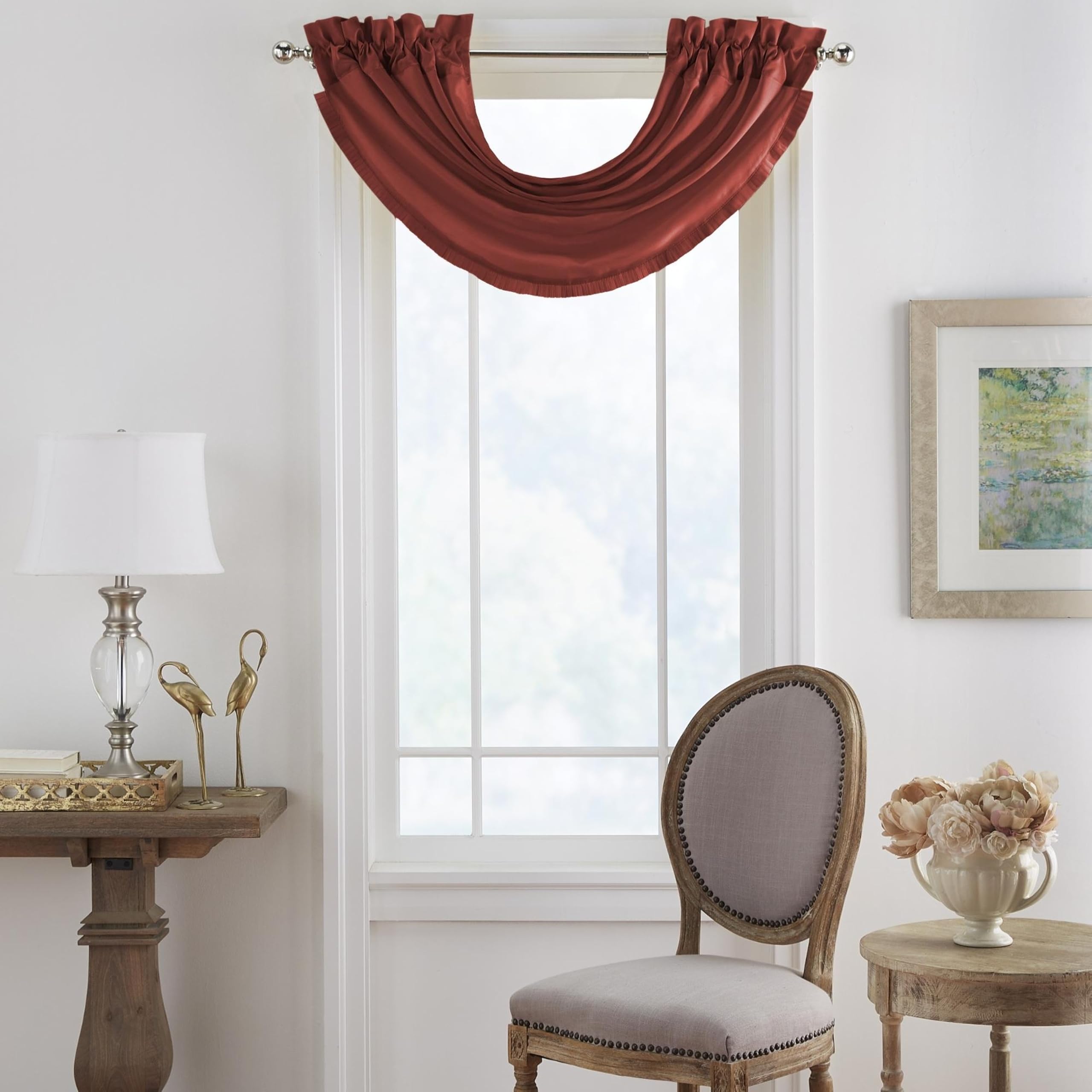 Elrene Home Fashions Versailles Room-Darkening Faux-Silk Waterfall Window Valance, Accessory for Bedroom or Living Room Windows with Rod Pocket Tabs, 52" x 36", 1 Valance, Red