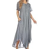 Sakkas Egan Long Embroidered Caftan Dress/Cover Up with Embroidered Cap Sleeves