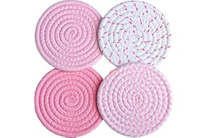 HIYALOT 4.8 inch Drink Coasters Set of 4, Large Fabric Cotton Coasters,Cute Girly Absorbent Handmade Woven Coaster,Minimalist Boho Table and Desk Decor Posavasos for Coffee Cups as Gift (Colorful Pink)