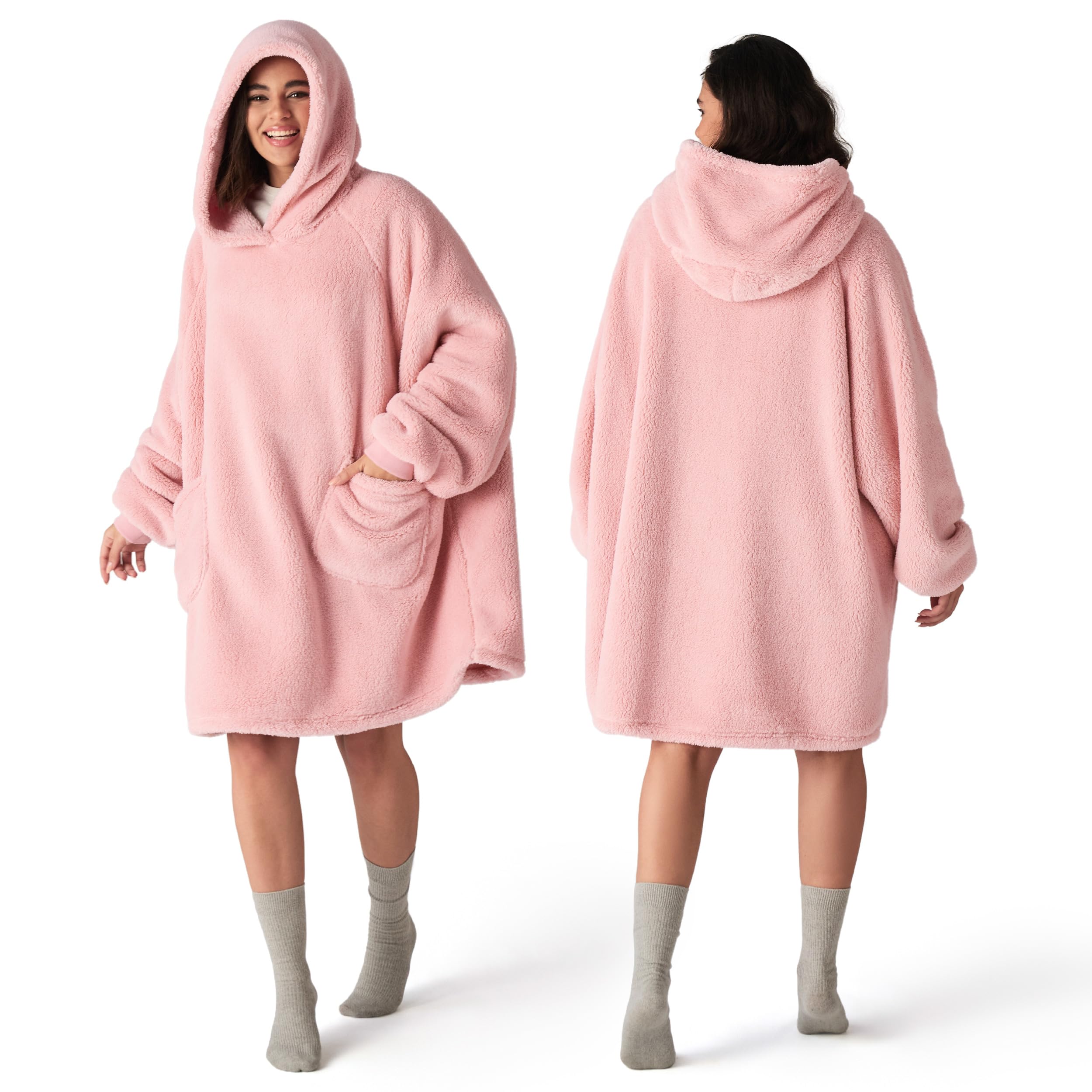 Photo 1 of Bedsure Wearable Blanket Hoodie Gifts for Women - Cozy Sherpa Hoodie Blanket for Adult Men, Warm Hooded Blanket Sweatshirt, Pink, Standard