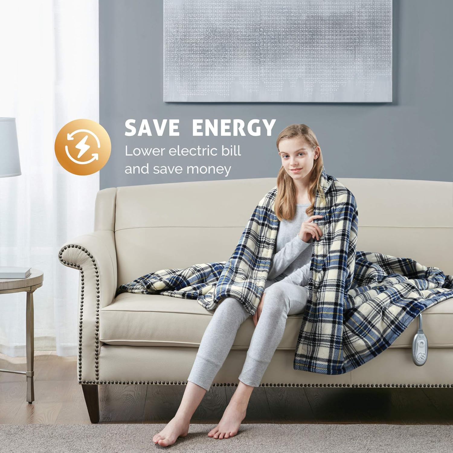 Hyde Lane Sherpa Heated Blanket - Plaid Blue | Luxury 60x70 Oversized Plush Therapedic Electric Throw | Extra Cozy & Soft | 3 Heat Settings | Automatic - Shut Off | Machine Washable: Kitchen & Dining