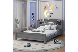 Duxelifin Full Size Kids Bed Frame with LED and Storage Headboard, Wood Platform Bed with LED Motion Sensor Light and Detachable Rails, Low Full Bed Frames for Kids with Guardrails,Grey