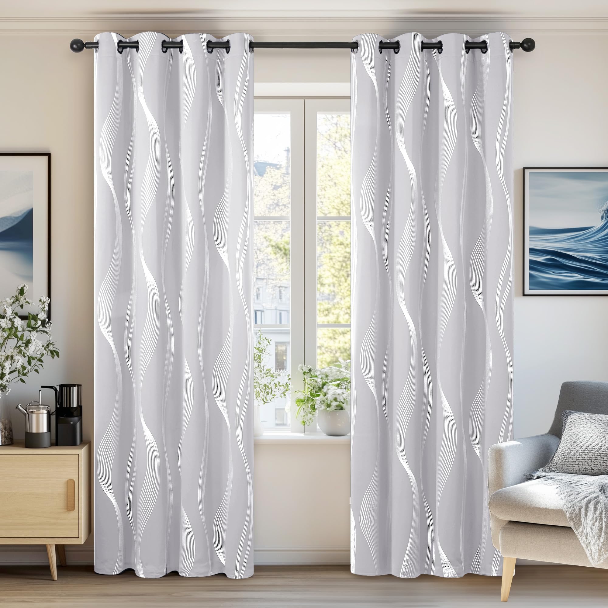 Deconovo Silver Grey Curtains 46 x 54 Inch Line Foil Printed Blackout Curtains Thermal Insulated Super Soft Energy Saving Eyelet Curtains for Living Room 46 x 54 Inch Silver Grey 1 Pair