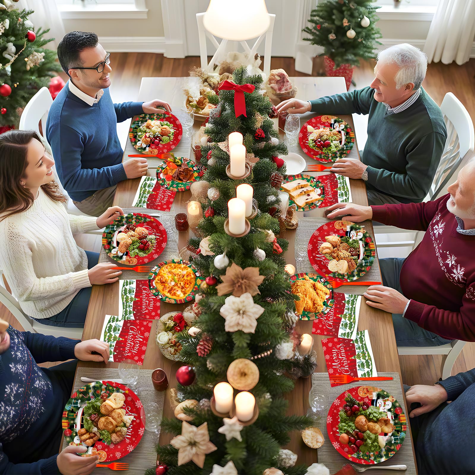 100 Pcs Merry Christmas Plates and Napkins Sets - Cute Winter Christmas Round Tableware, Disposable Chrismas Paper Plates and Napkins Forks for Xmas Party Supplies Favors Table Decor, Serves 25