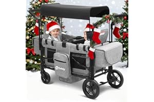 Sekey Wagon Stroller for 2 Kids, Luxury 4-in-1 Stroller Wagon - Premium Quality with Convertible Seats, Adjustable Push Handles, Removable Canopy, Snack Tray & Cooler, US Certified. Gray
