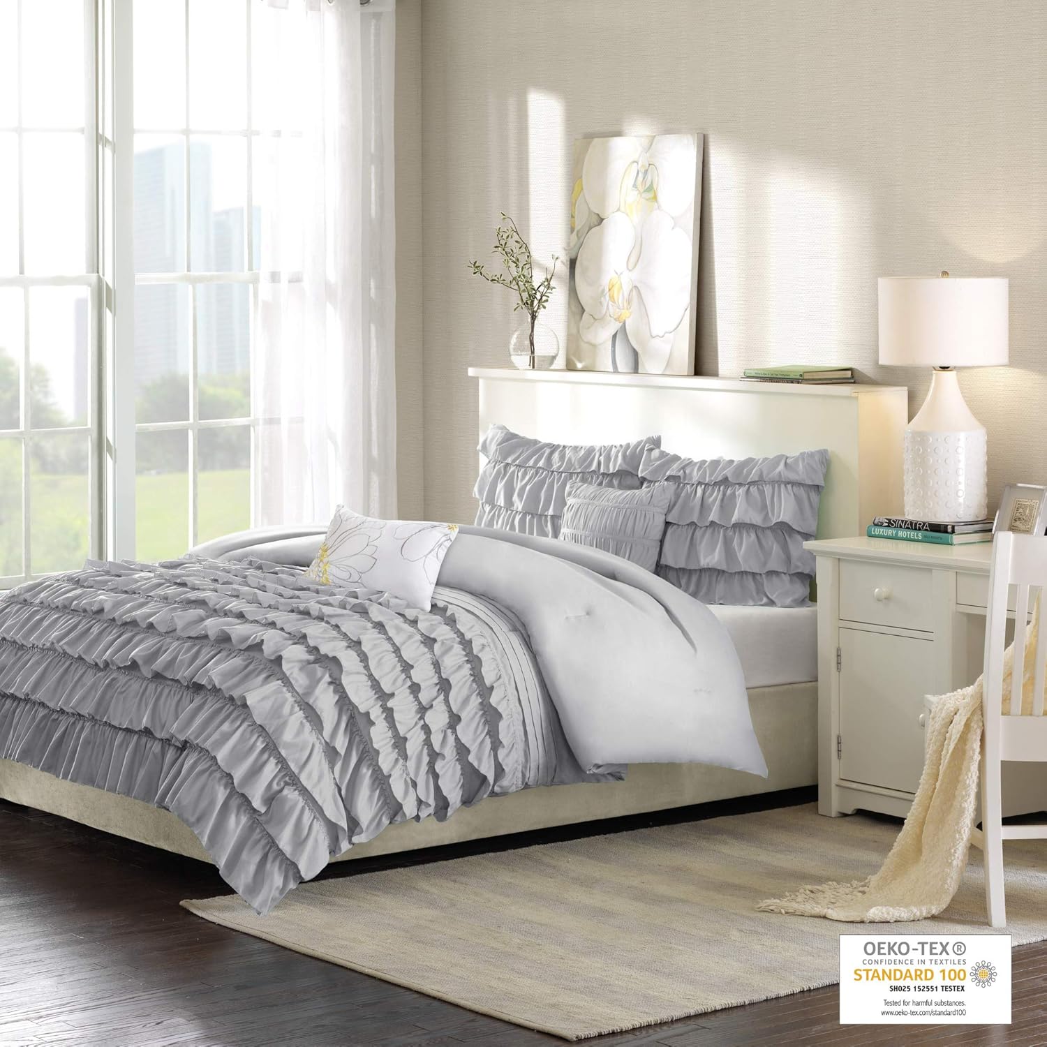 Intelligent Design Waterfall Comforter Reversible Solid Lush Ruffled Stripe Shabby Chic Ultra Soft Microfiber Down Alternative Pleated Decor Pillow Bedding Set, Twin/Twin XL, Grey, 4 Piece: Home & Kitchen