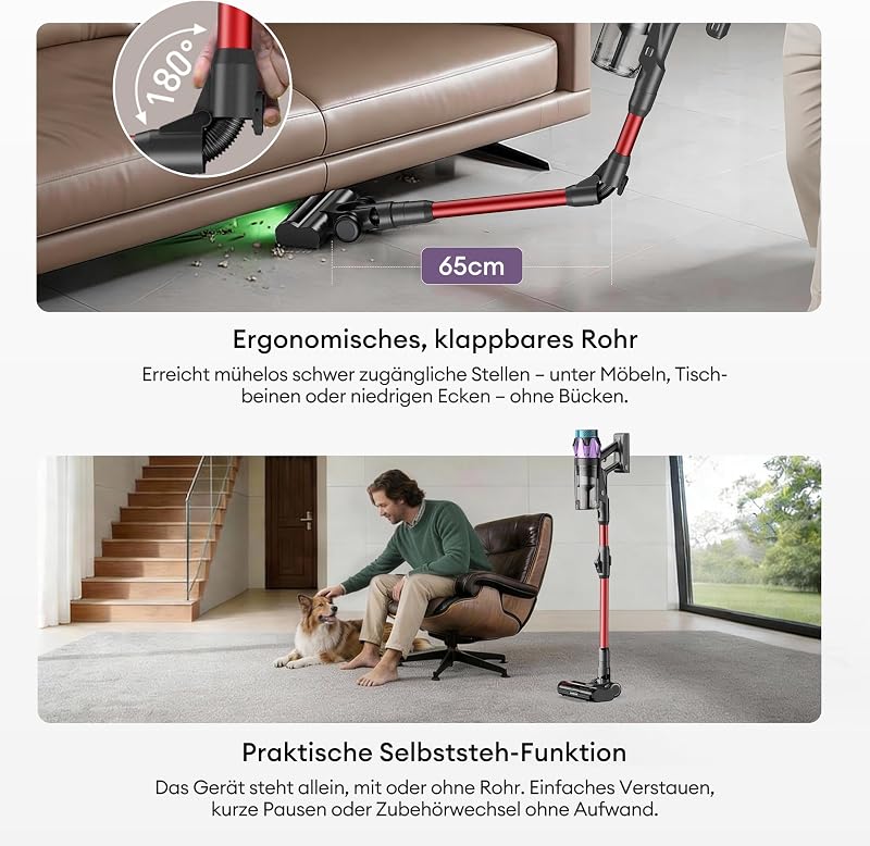 Akku Staubsauger 55000Pa/600W/80Min, 1,6L Staubsauger Kabellos mit Multi-Zyklon-Filtration, Touchscreen, Anti-Tangle-Bürste, Wandladestation, Selbststehend，für Tierhaare/Teppiche/Hartböden,Rot