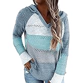 BLENCOT Women Color Block Hooded Crochet Striped Sweaters Lightweight Drawstring Hoodies Pullover Trendy Sweatshirts
