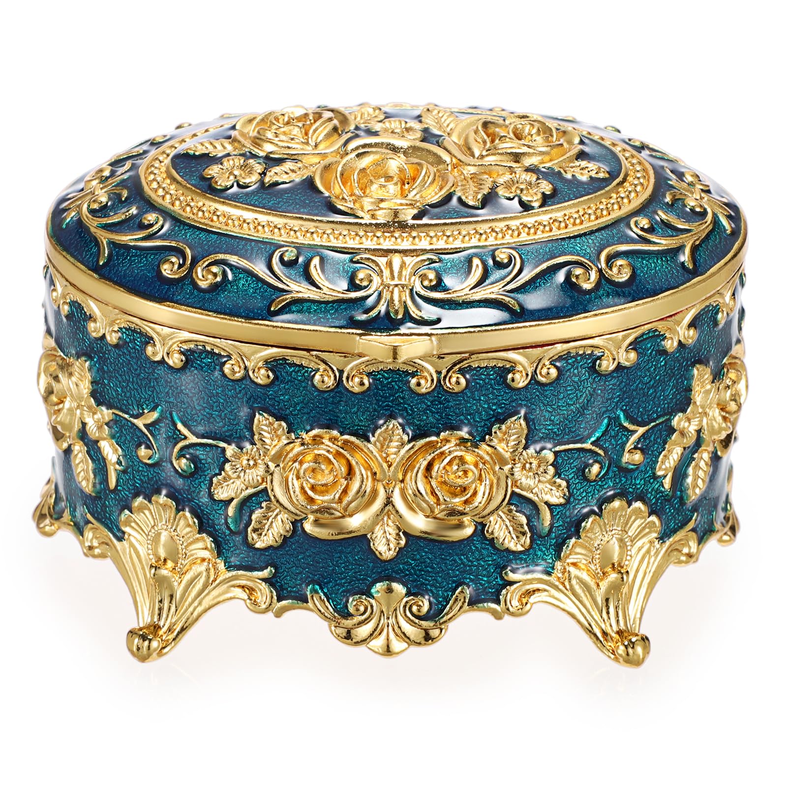 Hipiwe Vintage Metal Jewelry Box - Oval Trinket Box Ring Case with Rose Pattern Jewelry Storage Box for Ring Earrings Necklace, Keepsake Box for Women