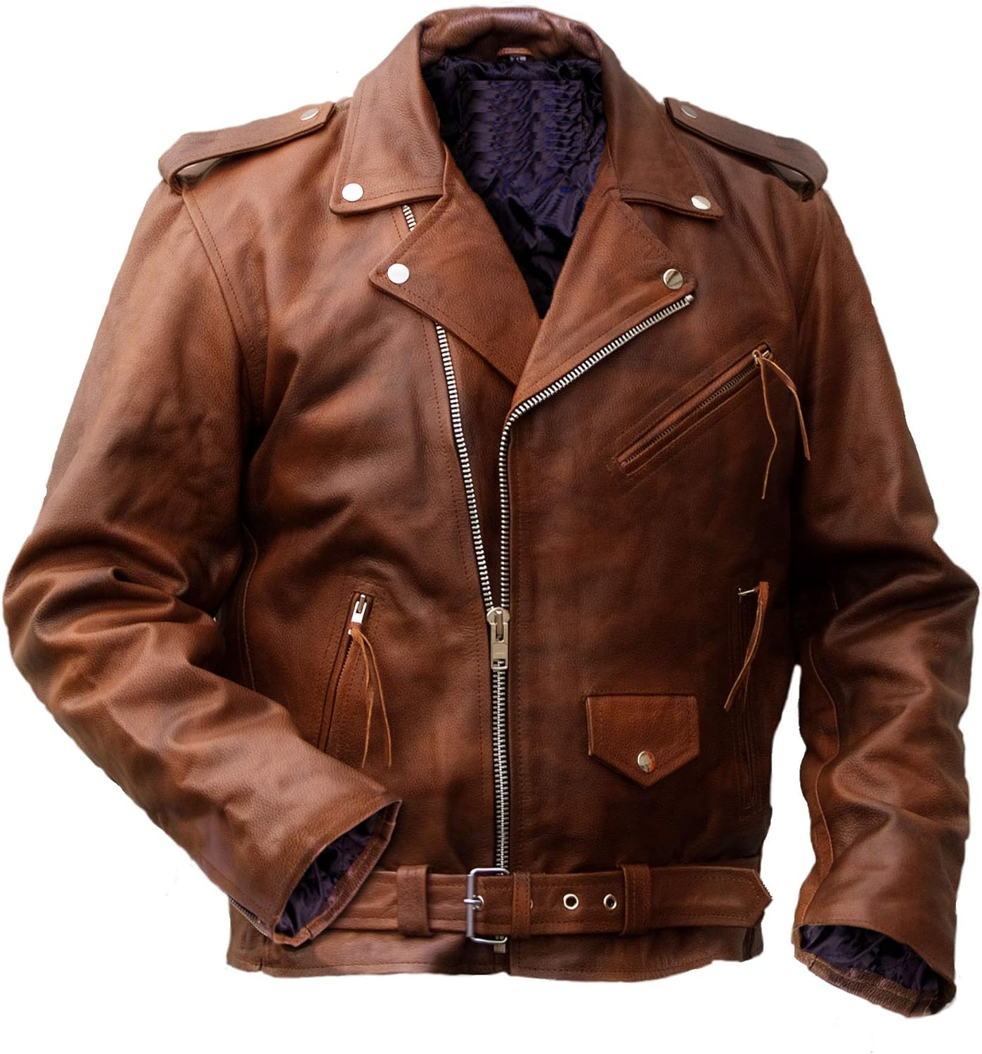 Noble House Giacca In Pelle Bovina Rockabilly – Ispirata A Marlon Brando – Colore Cognac – Taglia XXXL