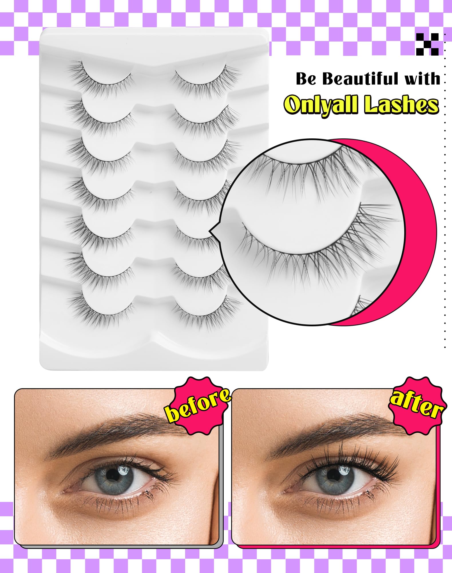 Onlyall Natural Lashes Wispy Lashes Natural Look False Eyelashes Natural Flared Eyelashes False Eye Lashes Soft Fluffy Lashes 7 Pairs D11 Gradual-10mm
