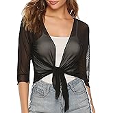 Aiboria Womens 3/4 Sleeve Shrug Sheer Mesh Bolero Tie Front Cropped Cardigan S-XXL