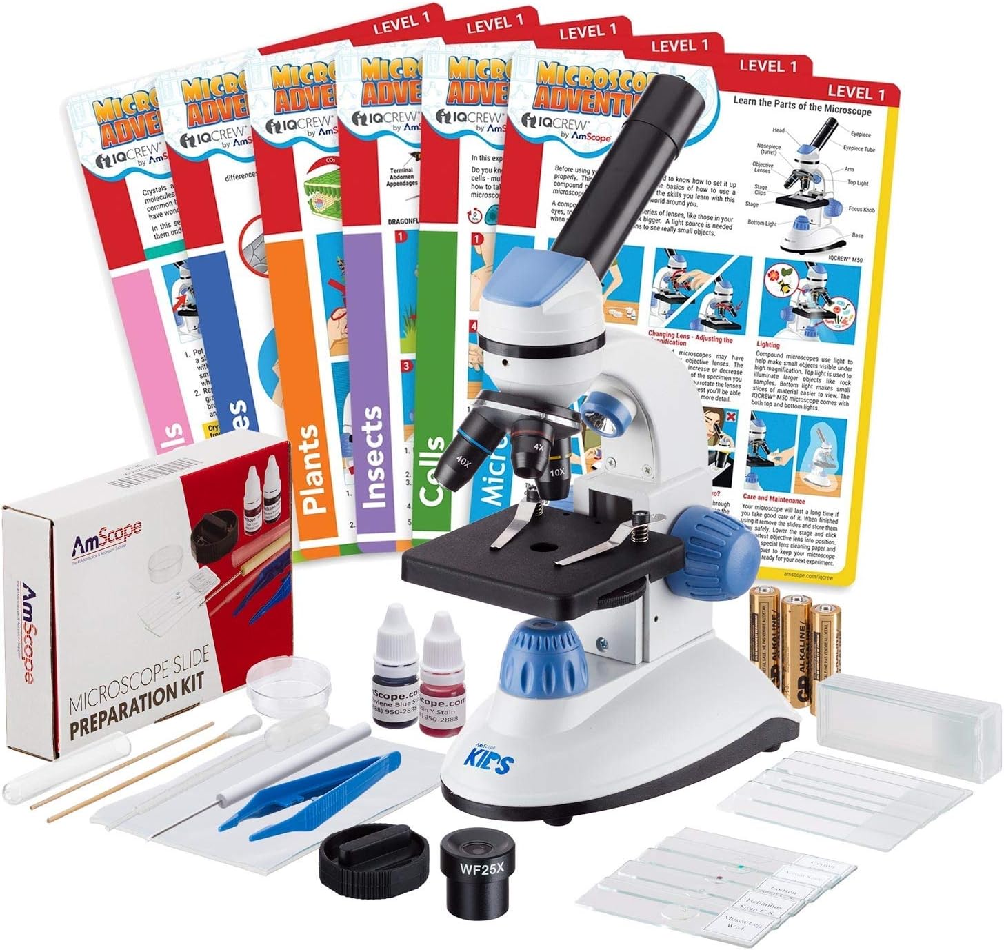 iQcrewby AmScope 40X-1000X Dual Illumination Microscope (Blue) with Slide Prep Kit and Experiment Cards