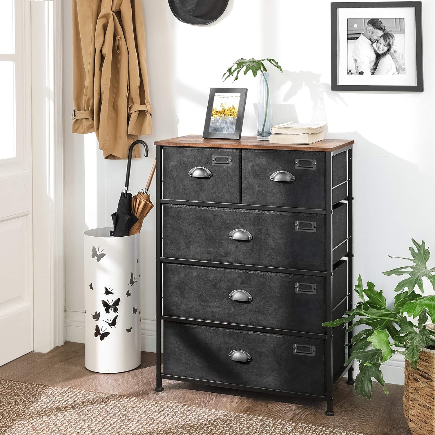 SONGMICS Fabric Drawer Dresser, Storage Dresser Tower with 5 Drawers, Labels, Wooden Top, Industrial Style Closet Storage, for Living Room, Hallway, Nursery, Rustic Brown and Black ULVT45H: Home Improvement