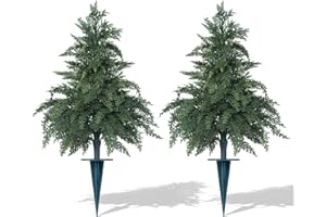 GROOY Artificial 24" Cypress Topiary Cedar Trees with Ground Spike, 2 Pieces Fake Pine Shrubs Bushes, UV Resistant Faux Evergreen Tree Plants for Indoor Outdoor Planters Front Porch Christmas