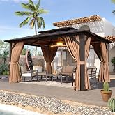Aoxun 12'x14' Hardtop Gazebo with Polycarbonate Double Roof, Brown | Metal Frame Outdoor Permanent Pavilion with Breathable Netting and Privacy Curtain for Garden, Lawns, Patio