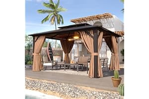 Aoxun 12'x10' Hardtop Gazebo, Aluminum Frame Permanent Pavilion with Curtains and Netting, Outdoor Polycarbonate Double Roof Canopy, Designed for Garden, Lawns, Patio, Brown
