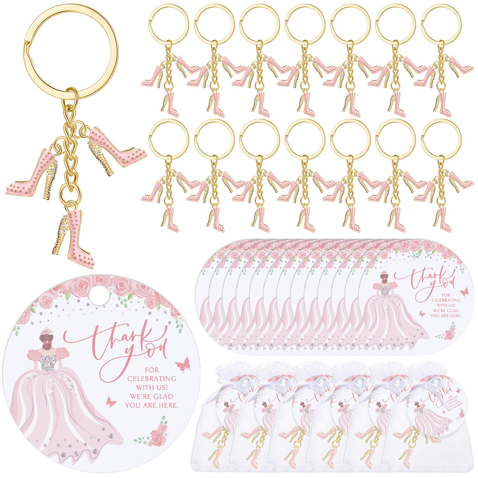 Photo 1 of ***MISSING PIECES -SELLING AS IS*** 6 Set Quinceanera Party Favors for Guests Bulk High Heel Shoe Keychains Thank You Cards Small Quinceanera Cards Organza Bags for 15 Birthday Guests Girls Gift Party Favors (Rivet Style)