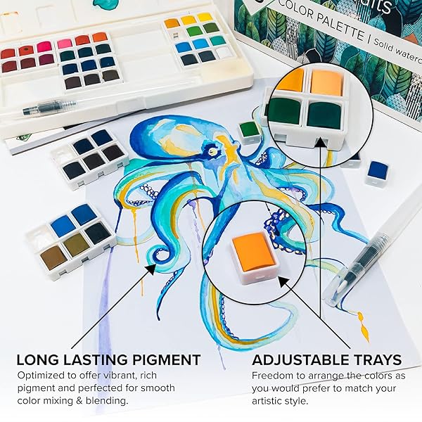 GENCRAFTS WATERCOLOR PAINT PALETTE 48 PREMIUM COLORS WITH PAPER PAD – 2 REFILLABLE BRUSH PENS – 15 SHEETS OF WATER COLOR PAPER