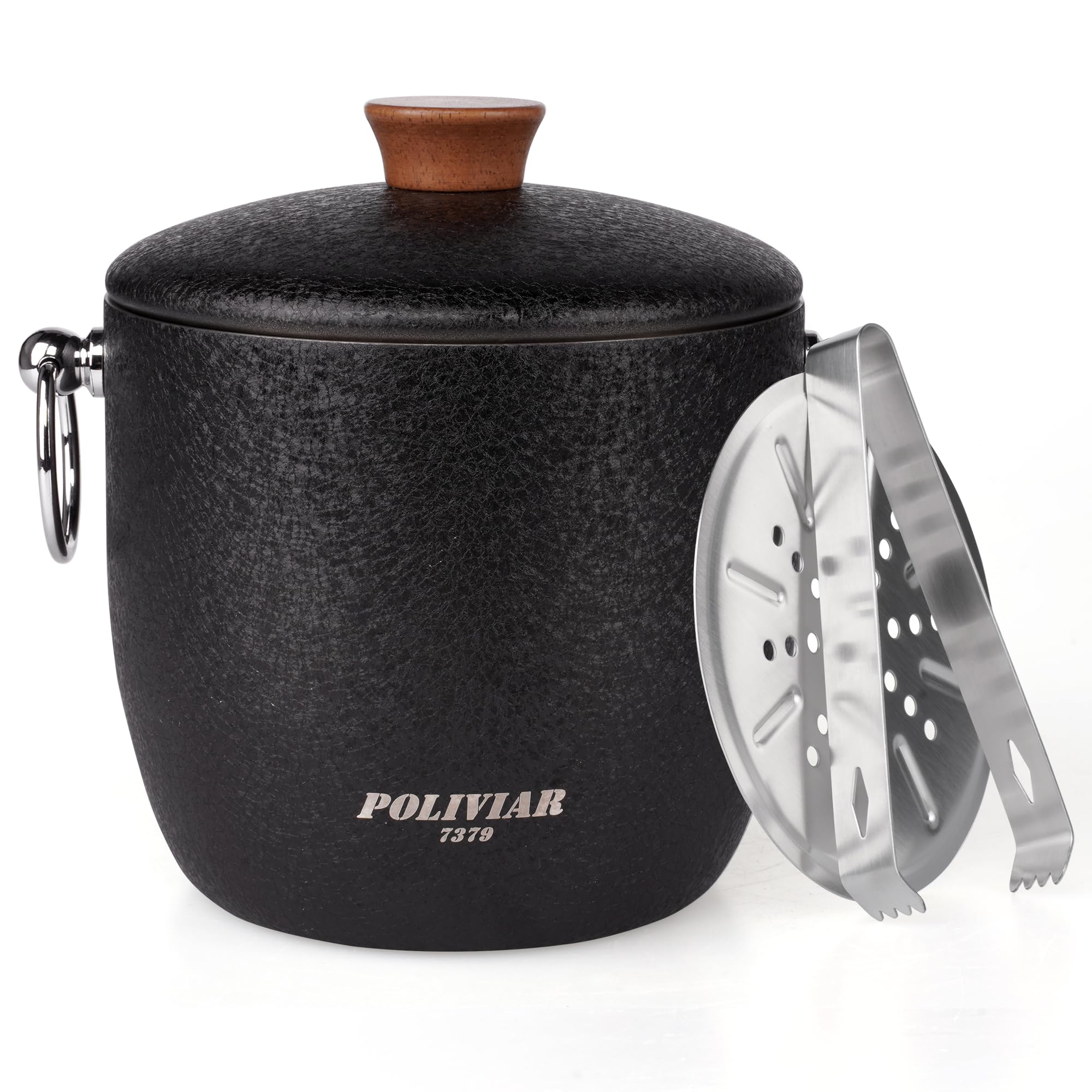 POLIVIAR Ice Bucket with Lid and Ice Tongs, 2.5L Stainless Steel Ice Bucket, Easy Carry Handle& Double Walled Insulation, Bar Ice Bucket Perfect for Home Bars, Pubs, BBQs and Picnics (Black)
