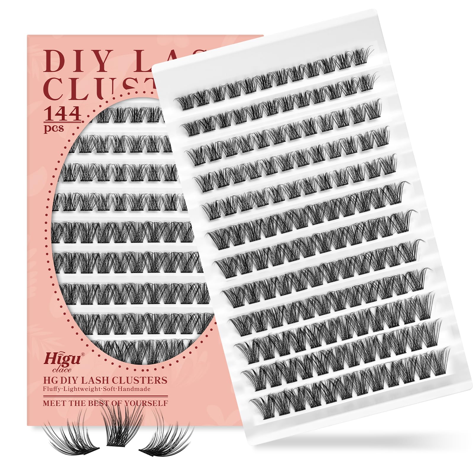 Higu clace Lash Clusters DIY Eyelash Extensions, 144pcs Individual Thin Band Wide Stem Lashes D Curl Natural Wispy Mix12-18mm Soft Reusable Curly False Lashes DIY At Home (Pretty01 mix12-18mm) — image 1