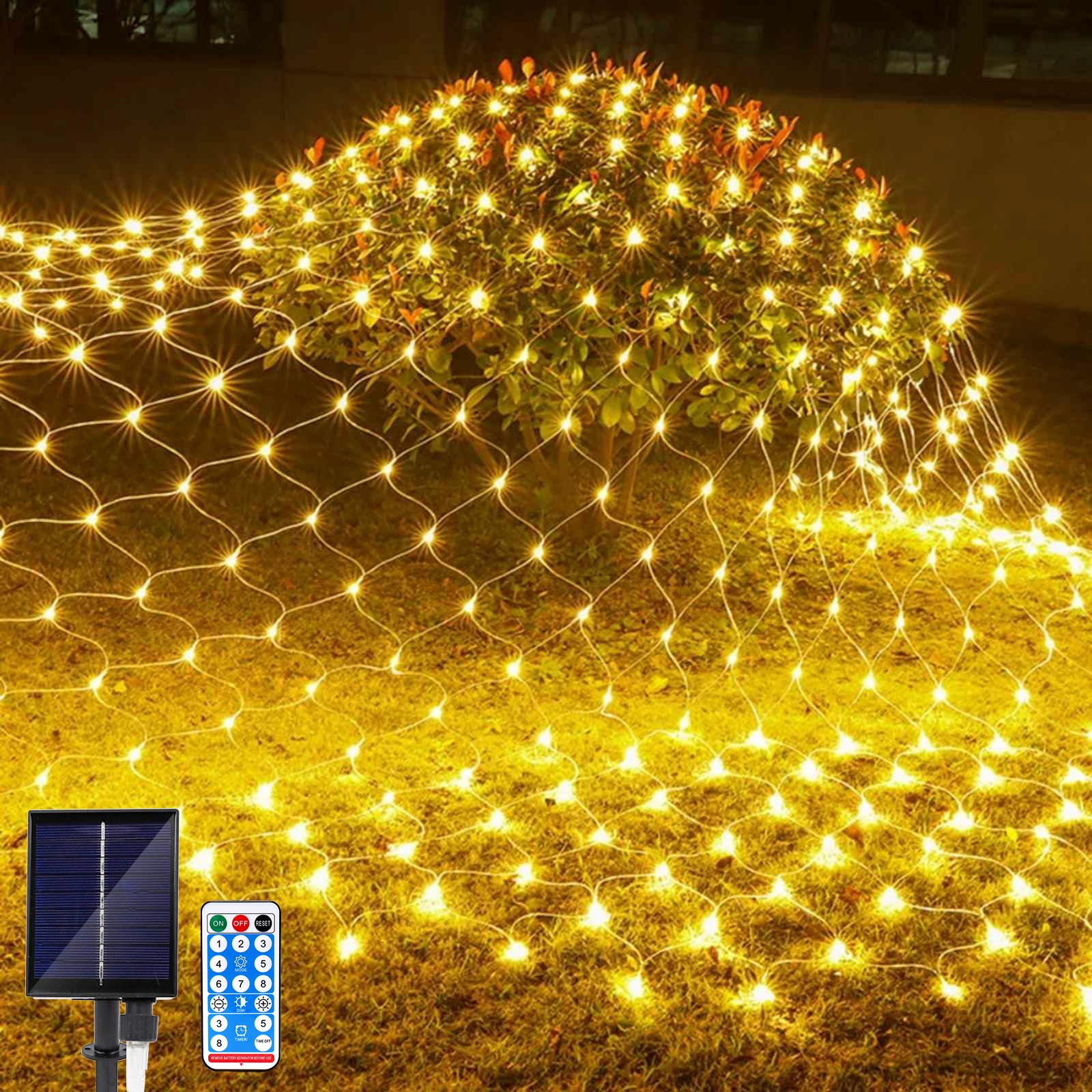 JIMACRO Solar Powered Net Lights Outdoor, 1.5 m x 1.5 m 96LEDs Mesh Fairy Lights with 8 Modes, Remote Control, Waterproof Copper Wire Bush Fairy Lights for Xmas Tree Lawn Bushes Garden Décor