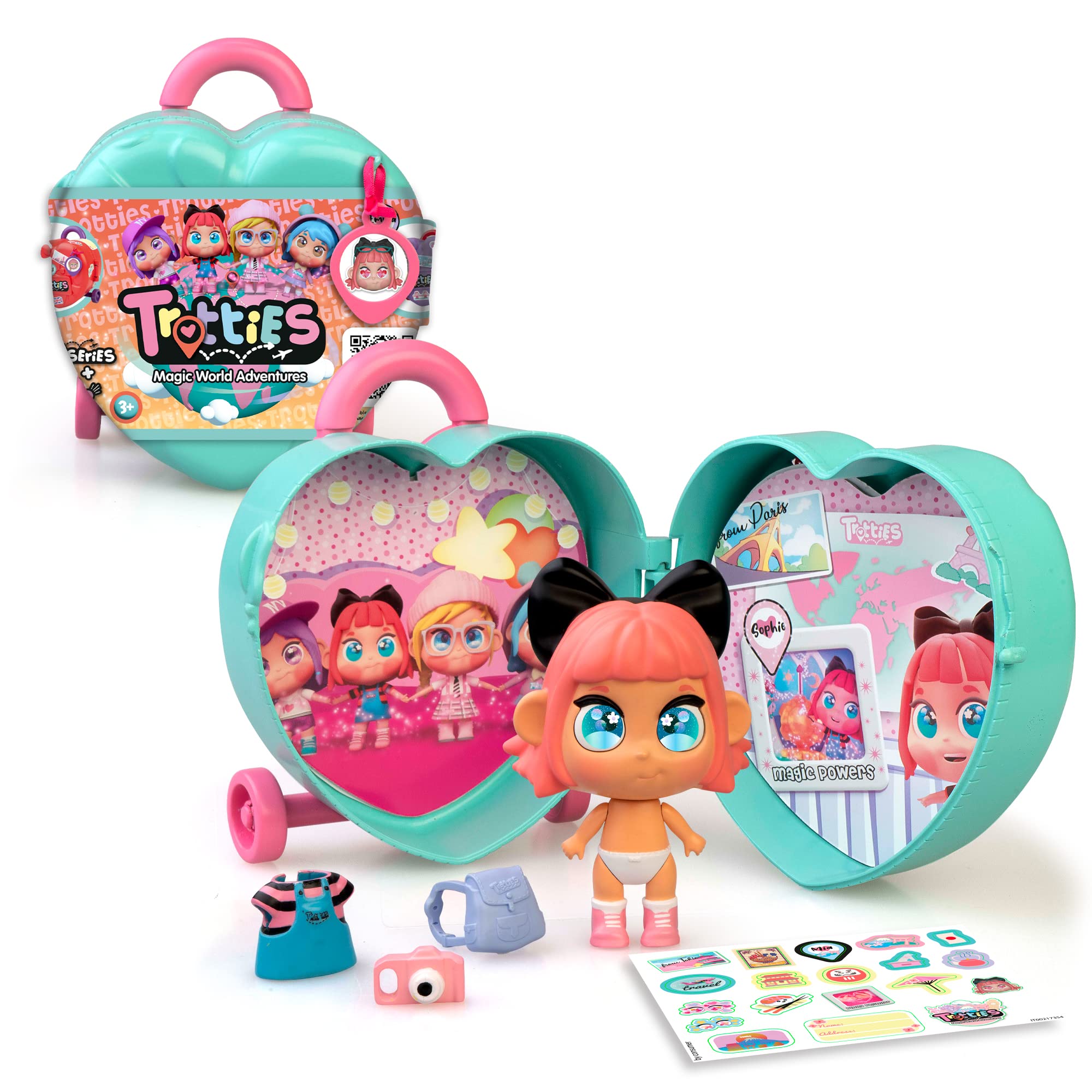 Trotties Mini Sophie with Trolley and Small Suitcase, 1 Doll with Clothes and Accessories, 2 Background Scenarios and Stickers, Store and Take Anywhere, 4 Models, 3 Years and Above