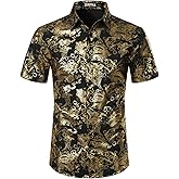 ZEROYAA Men's Luxury Paisley Shiny Printed Slim Fit Short Sleeve Button Up Dress Shirt
