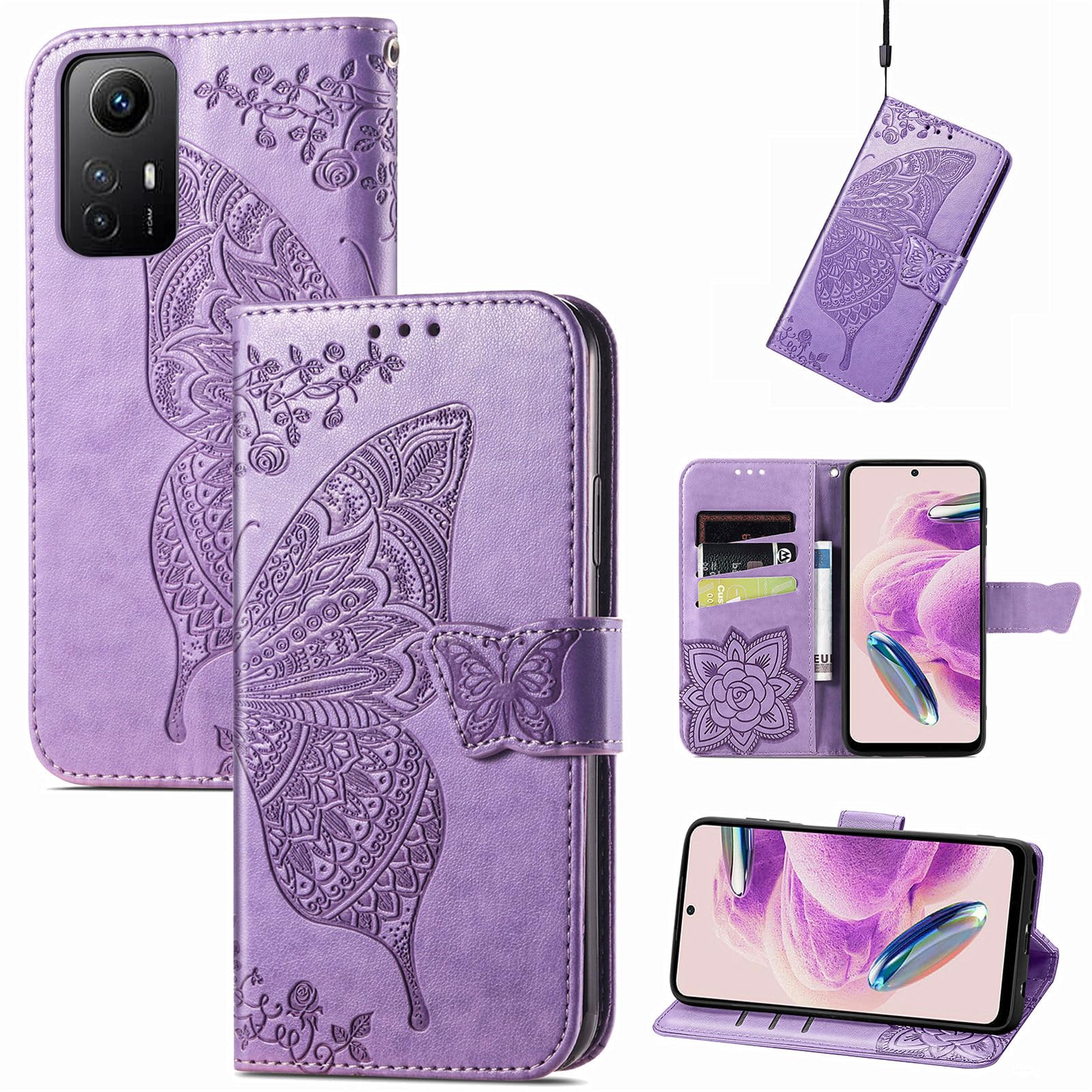 JIUNINE Case for Xiaomi Redmi Note 12S, Leather Wallet Case Flip Cover with Butterfly Embossed Pattern [Card Holder] [Magnetic Closure] [TPU Inner Shell] for Xiaomi Redmi Note 12S, Purple