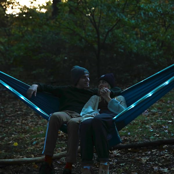 EQUIP OUTDOORS PORTABLE CAMPING ILLUMINATED HAMMOCK, HANGING KIT INCLUDED, TWO PERSON LIGHT UP HAMMOCK, BLUE, 124” L X 77” W (99554)