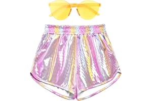 Mirawise Girls Metallic Shorts Shiny Hot Pants Sparkly Dance Outfits Short Pants with Sunglasses