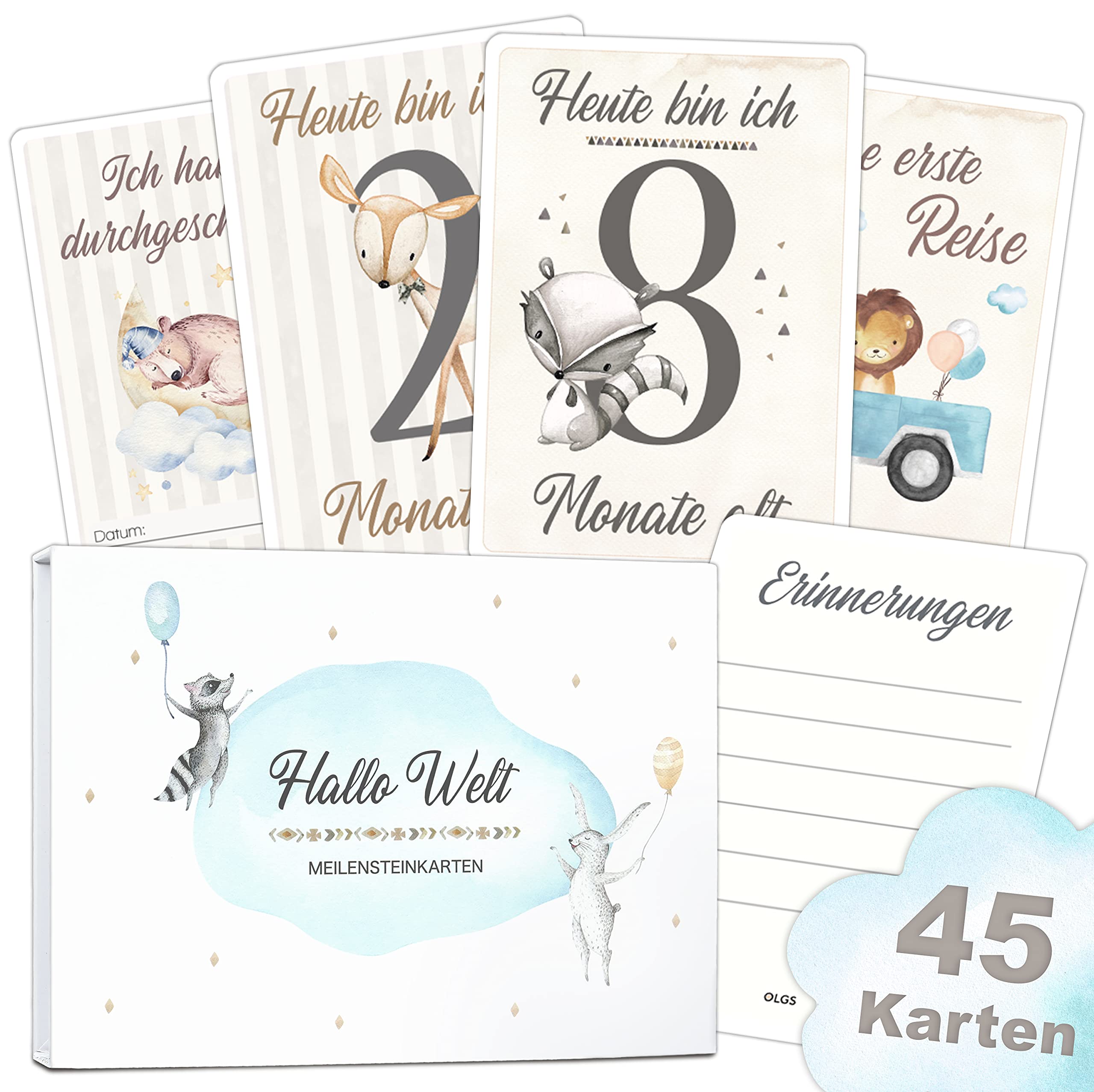 OLGS Milestone Cards Baby Boy, 45 Milestone Cards for Children for Birth, Christening, Baby Shower, Milestone Gift Set with Gift Box for Newborn Babies