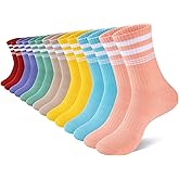 eallco 7 Pairs Womens Crew Cotton Socks Casual Breathable Striped Calf Socks for Women