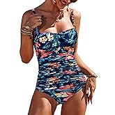 Ekouaer Women's One Piece Swimsuit Ruched Tummy Control Bathing Suits Vintage Retro Push Up Swimwear