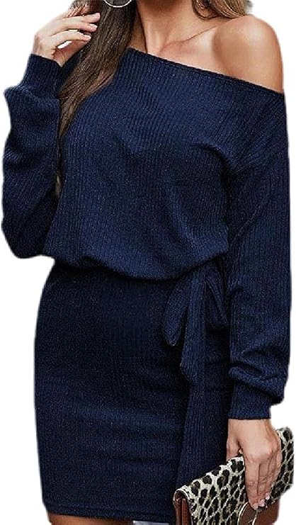 Women Back Up Bodycon Shoulder Leakage Sweater Dress Long Sleeve Solid