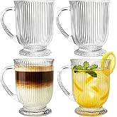 Jowgut 4 Pack Ribbed Glass Coffee Mugs, 16 Oz Clear Large Tea Glasses with Handle, Classic Vertical Stripes Drinking Cups Vintage Glassware for Beverages, Cappuccino, Latte, Espresso, Juice