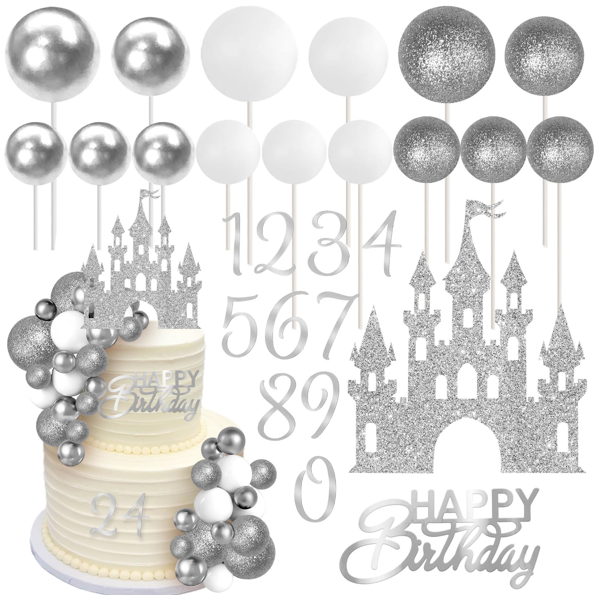 SYKYCTCY 36 Pack Castle Happy Birthday Cake Toppers Foam Balls Cake Topper Acrylic 0-9 Numbers Balls Cake Decorations for Baby Shower Kids Boys Girls Birthday Wedding Party Supplies