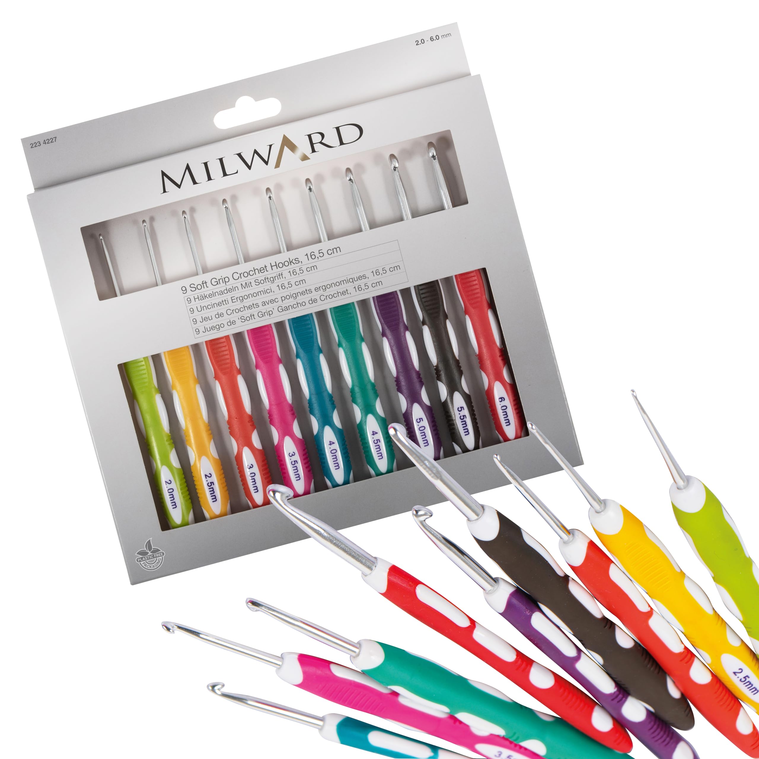 Milward Crochet Hook Set - Ergonomical Soft Grip Colour Coded Handles 2,2.5,3,3.5,4,4.5,5,5.5 and 6mm