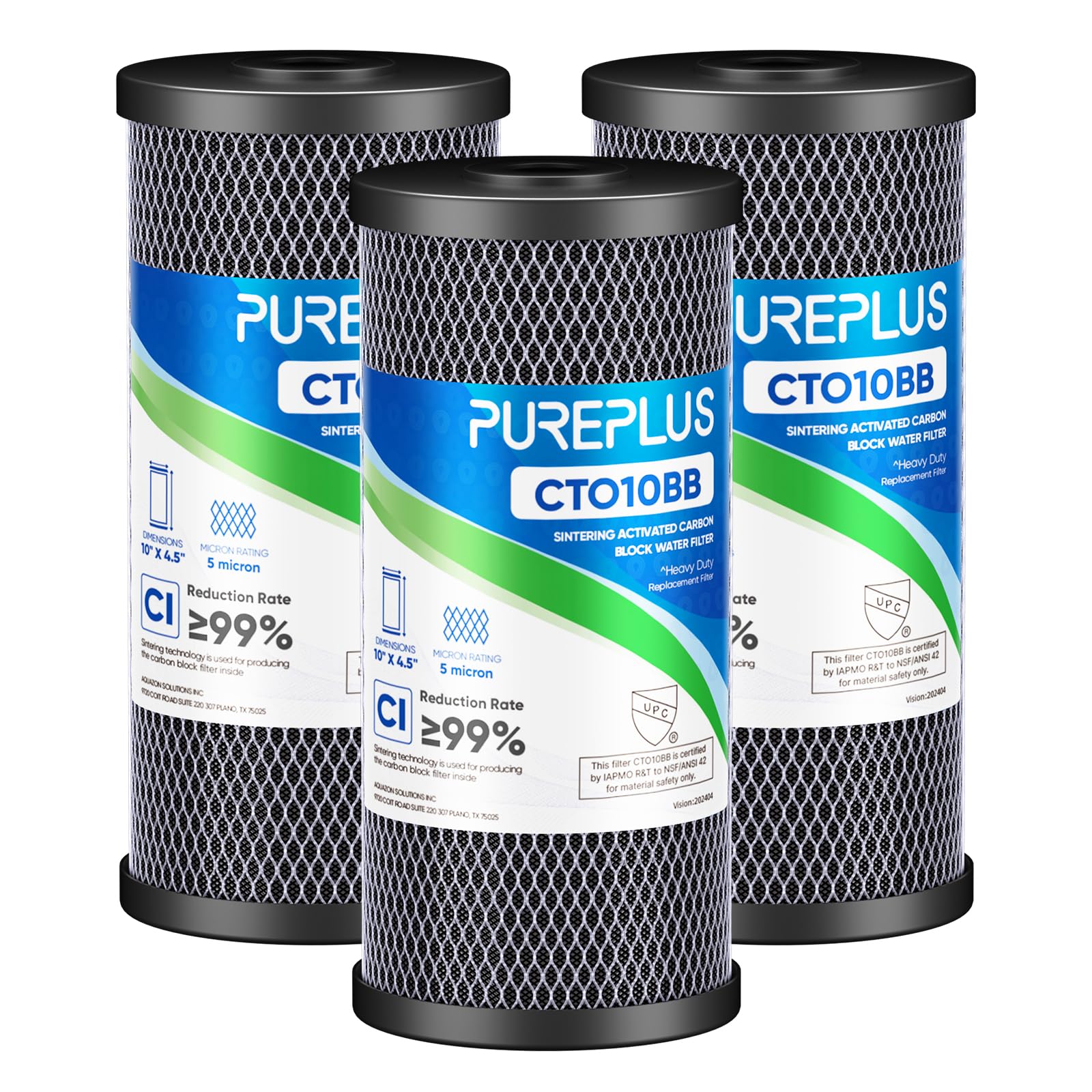 Photo 1 of PUREPLUS Coconut Shell Water Filter Cartridge | Activated Carbon Block CTO | Universal Whole House 5 Micron 10 inch Cartridge | Compatible with WFHDC8001, CB-BB-10, EPM, EP-BB, 3Pack