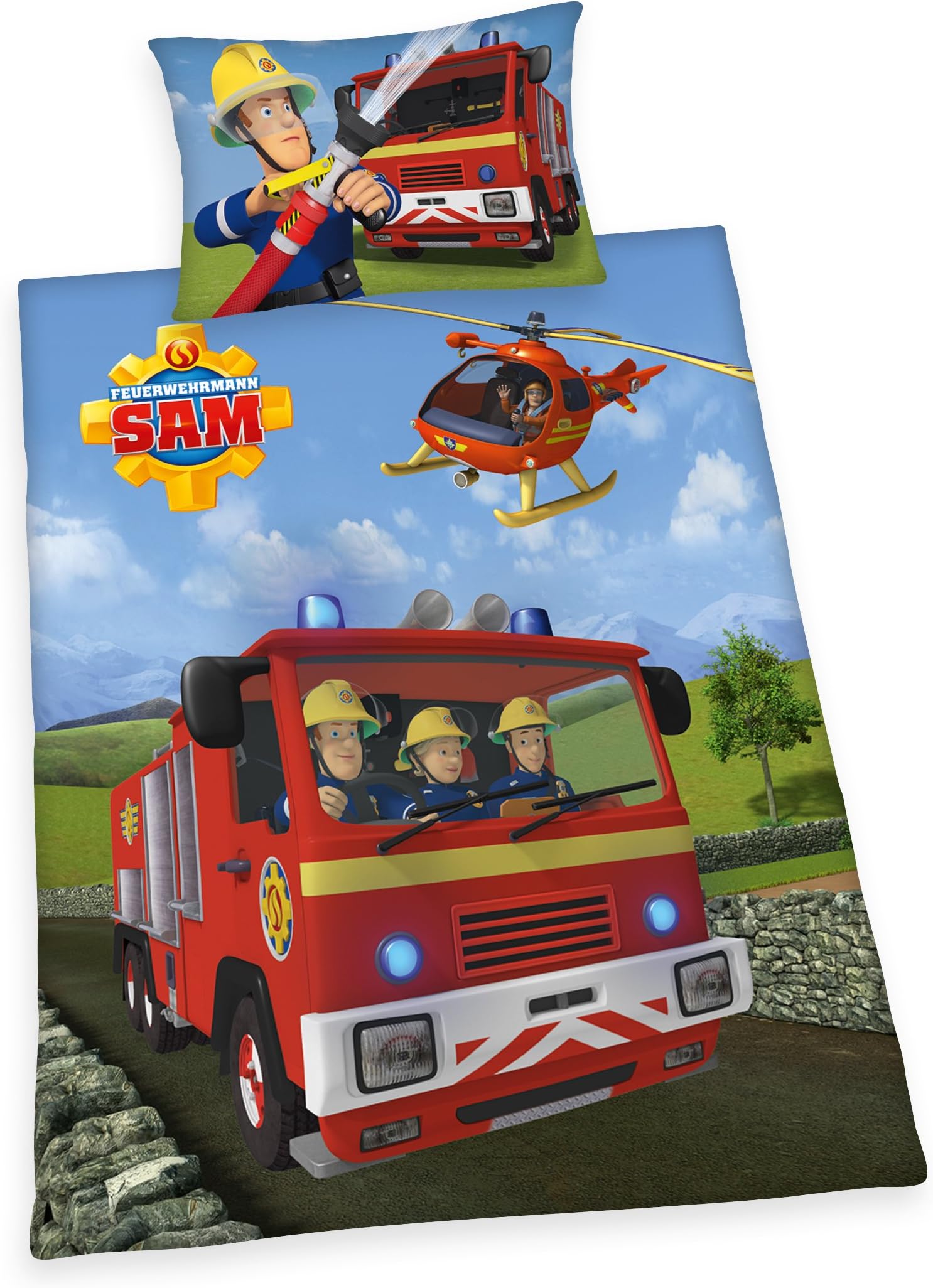 Herding FIREMAN SAM Bedding Set, Reversible Motif, Duvet Cover 160 x 210 cm, Pillow Case 65 x 100 cm, Cotton/Renforcé