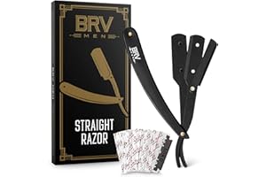 BRV MEN Professional Straight Edge Barber Razor w/ 100 Single Edge Razor Blades | Straight Razors for Men | Barbershop Accessories | Mens Shaving Knife & Shavette - Black