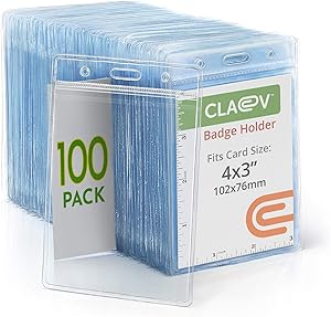 Claev Vertical Large (L) ID Badge Holders (Clear, 4x3 Inch, 100 Pack), Clear Easy Open Plastic Name Card Holders for Conferences, Conventions, Offices & Schools