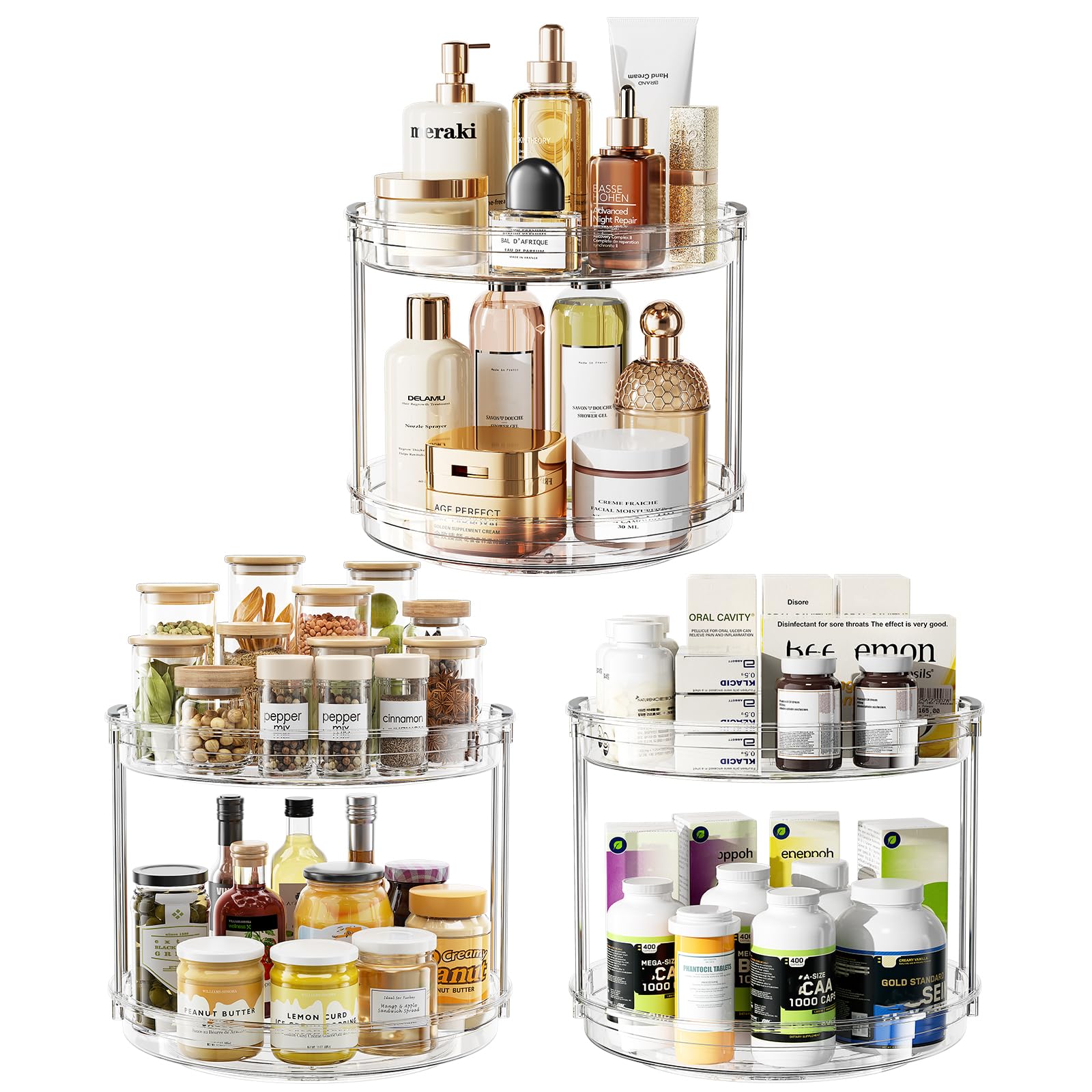 LAMU 3 Pack 10.6'' 2-Tier Lazy Susan Turntable Organizer Rotating Spice Rack Organization for Cabinet, Kitchen, Pantry, Countertop, Bathroom, Vanity, Makeup Organizer, Clear Image