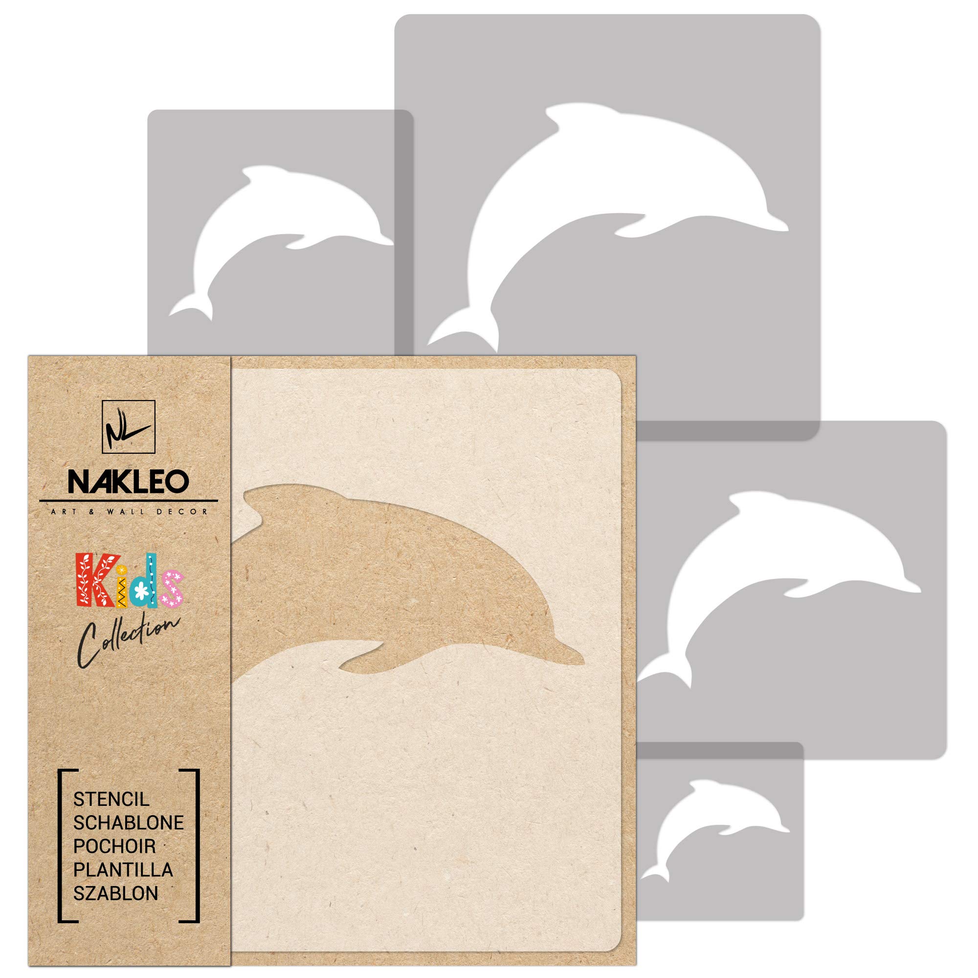 NAKLEO Painting Stencils Set for Nursery Room, 5 Pcs Templates 9x9 to 34x34cm Dolphin Ocean Animal, Plastic and Reusable Drawing Stencils, Decor, Craft DIY Wall Furniture