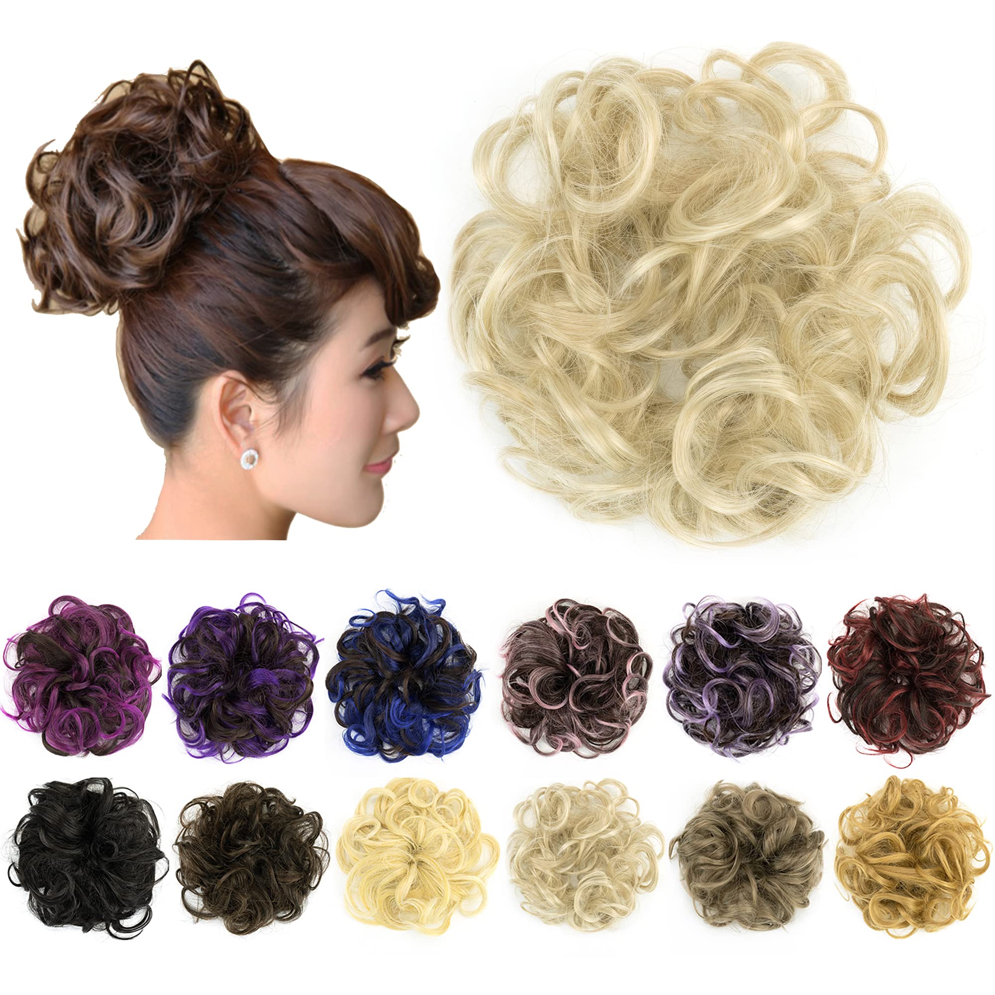 IMISSU 2PCS Messy Bun Hair Piece Updo Fake Scrunchies Ponytail Extension Wavy Curly Hairpieces Chignon Headband for Women (2PCS Dirty Blonde)